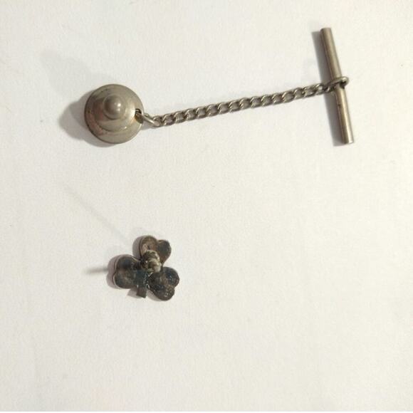 Shamrock Tie Tack 925 Sterling Silver With Green Enamel Vintage Irish Clover - Picture 8 of 11
